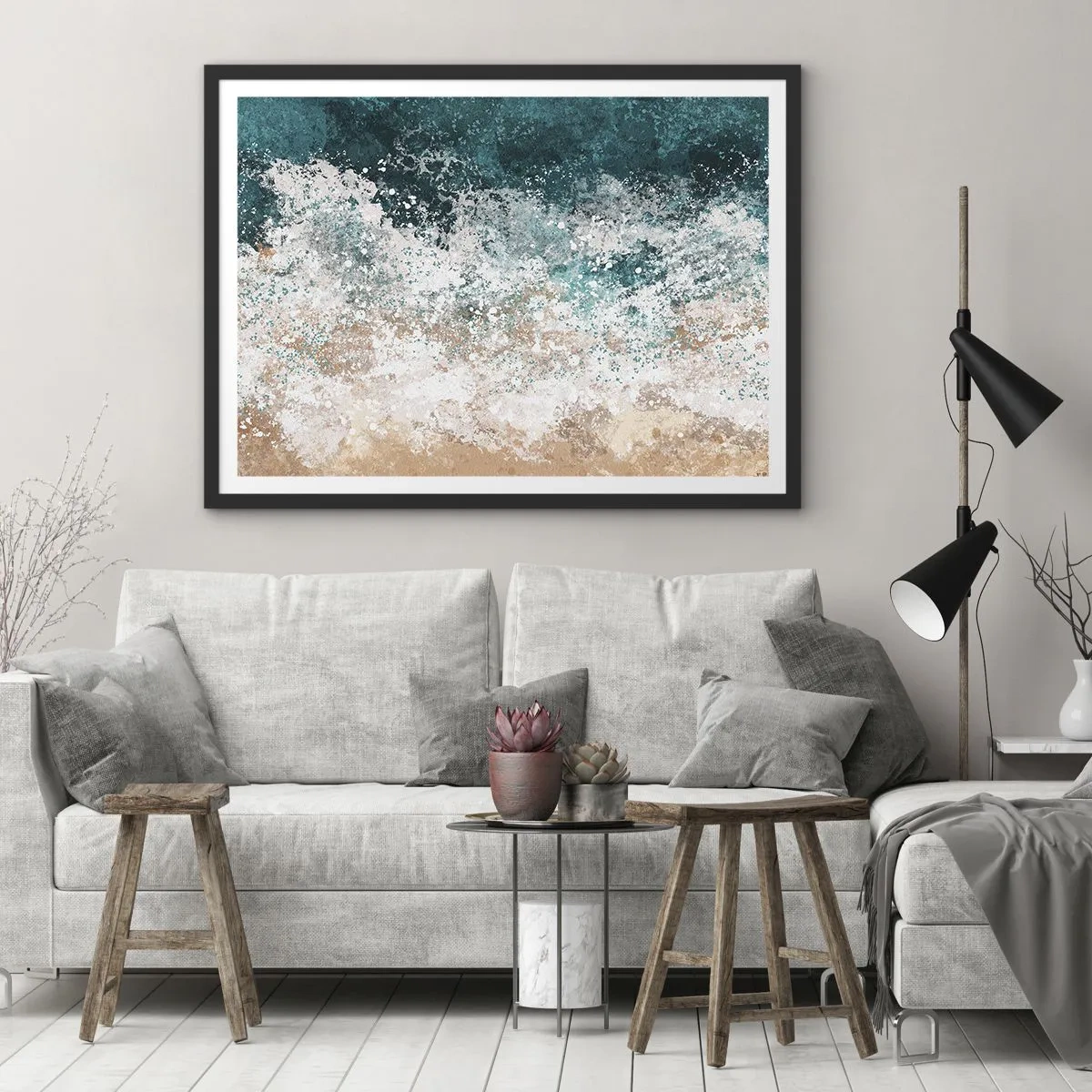 Póster en marco negro - Ola marina abstracta en tonos turquesa y beige - 100x70cm - Historias del mar - Decoración de pared moderna para salón y dormitorio ARTTOR
