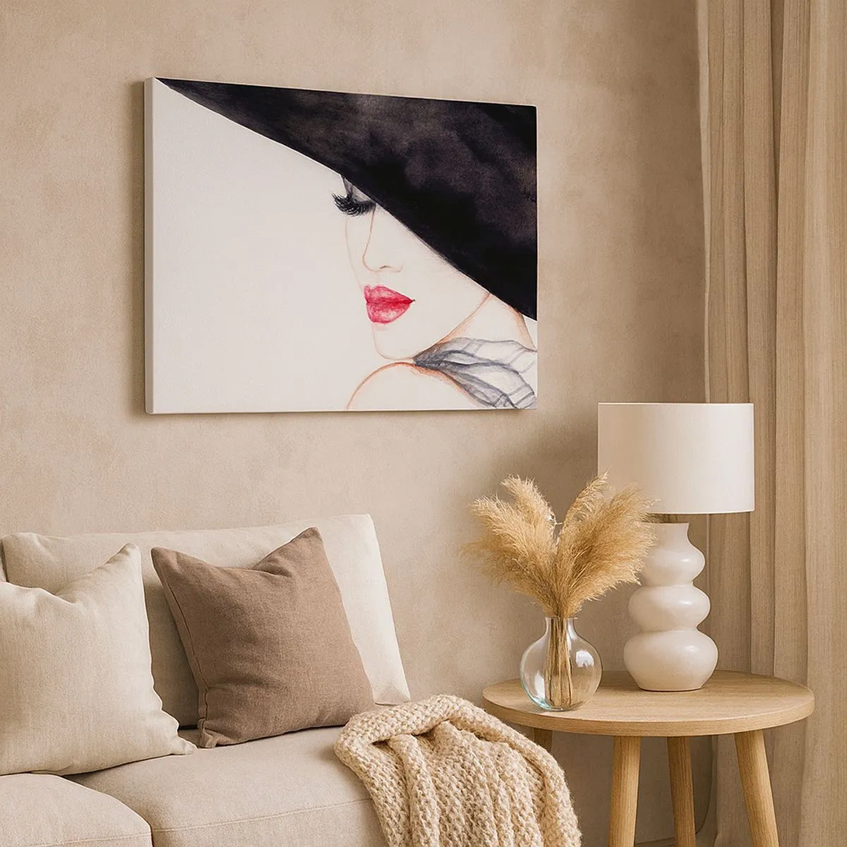 Cuadro sobre lienzo - Impresión de Imagen - Una ilustración sutil de una mujer con un sombrero negro y labios rojos. - 70x50cm - Elegancia y sensualidad - Decoración de pared moderna para salón y dormitorio ARTTOR