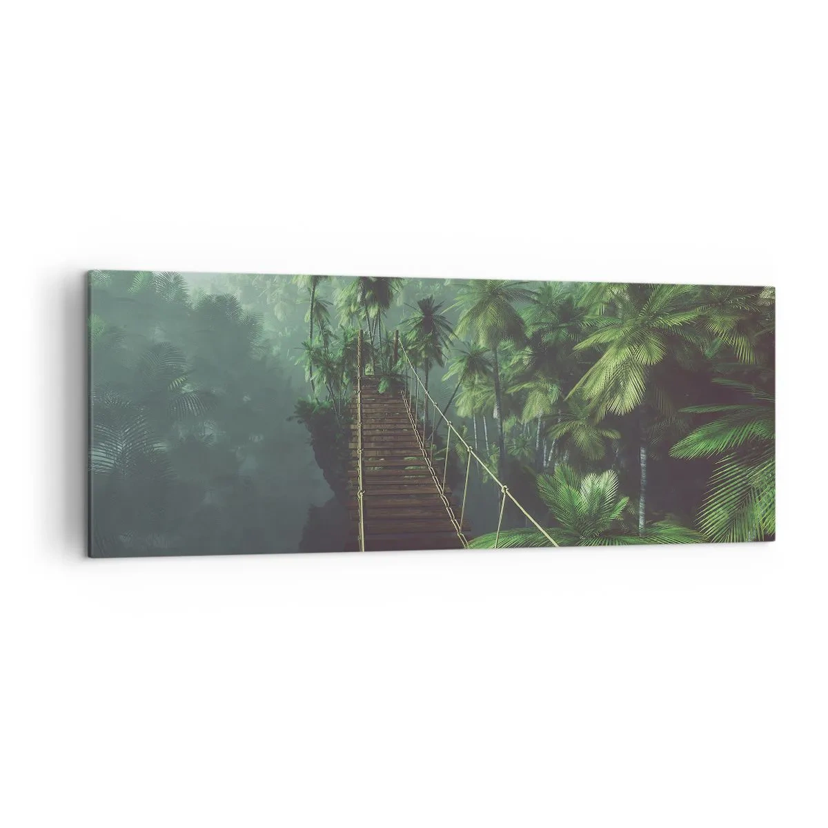 Cuadro sobre lienzo - Impresión de Imagen - Un puente colgante en un bosque tropical rodeado de niebla. - 140x50cm - Sobre un mar de verde - Decoración de pared moderna para salón y dormitorio ARTTOR