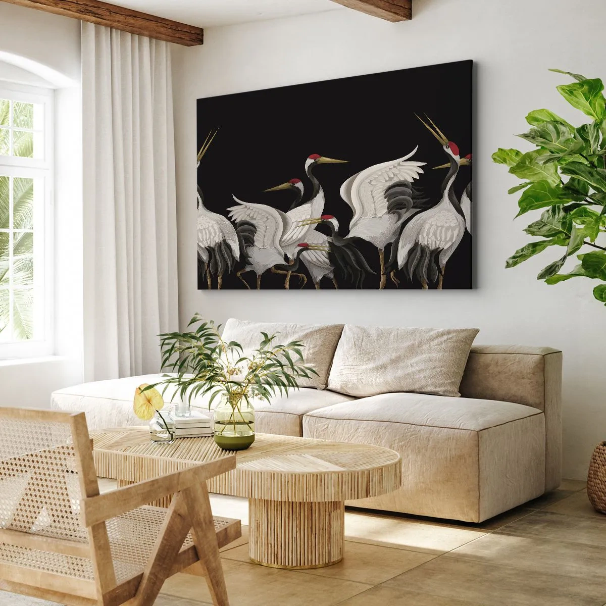 Cuadro sobre lienzo - Impresión de Imagen - Grúas blancas con acentos rojos sobre fondo negro - 70x50cm - Asuntos de aves - Decoración de pared moderna para salón y dormitorio ARTTOR