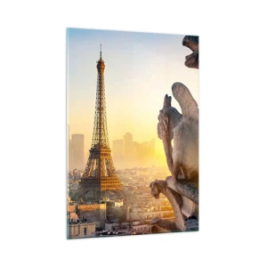 Cuadro sobre vidrio - Impresiones sobre Vidrio - La Torre Eiffel en la niebla matutina, con vistas a París y esculturas góticas. - 50x70cm - Ha cambiado tanto la ciudad... - Decoración de pared moderna para salón y dormitorio ARTTOR