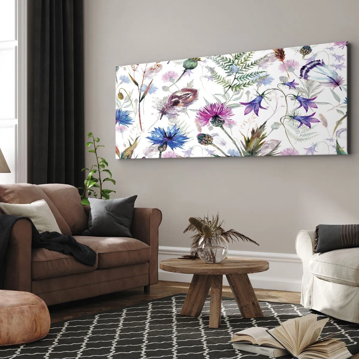 Cuadro sobre lienzo - Impresión de Imagen - Flores y hierbas de acuarela sobre un fondo blanco en estilo herbario. - 160x50cm - Herbario polaco - Decoración de pared moderna para salón y dormitorio ARTTOR