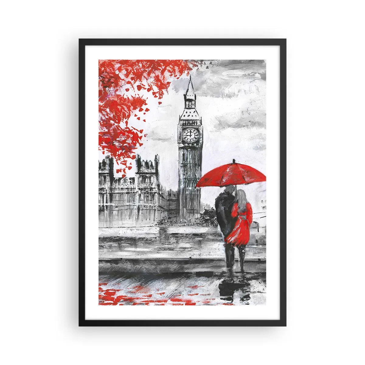 Póster en marco negro - Una figura con un paraguas rojo frente al Big Ben en Londres. - 50x70cm - Londres enamora - Decoración de pared moderna para salón y dormitorio ARTTOR