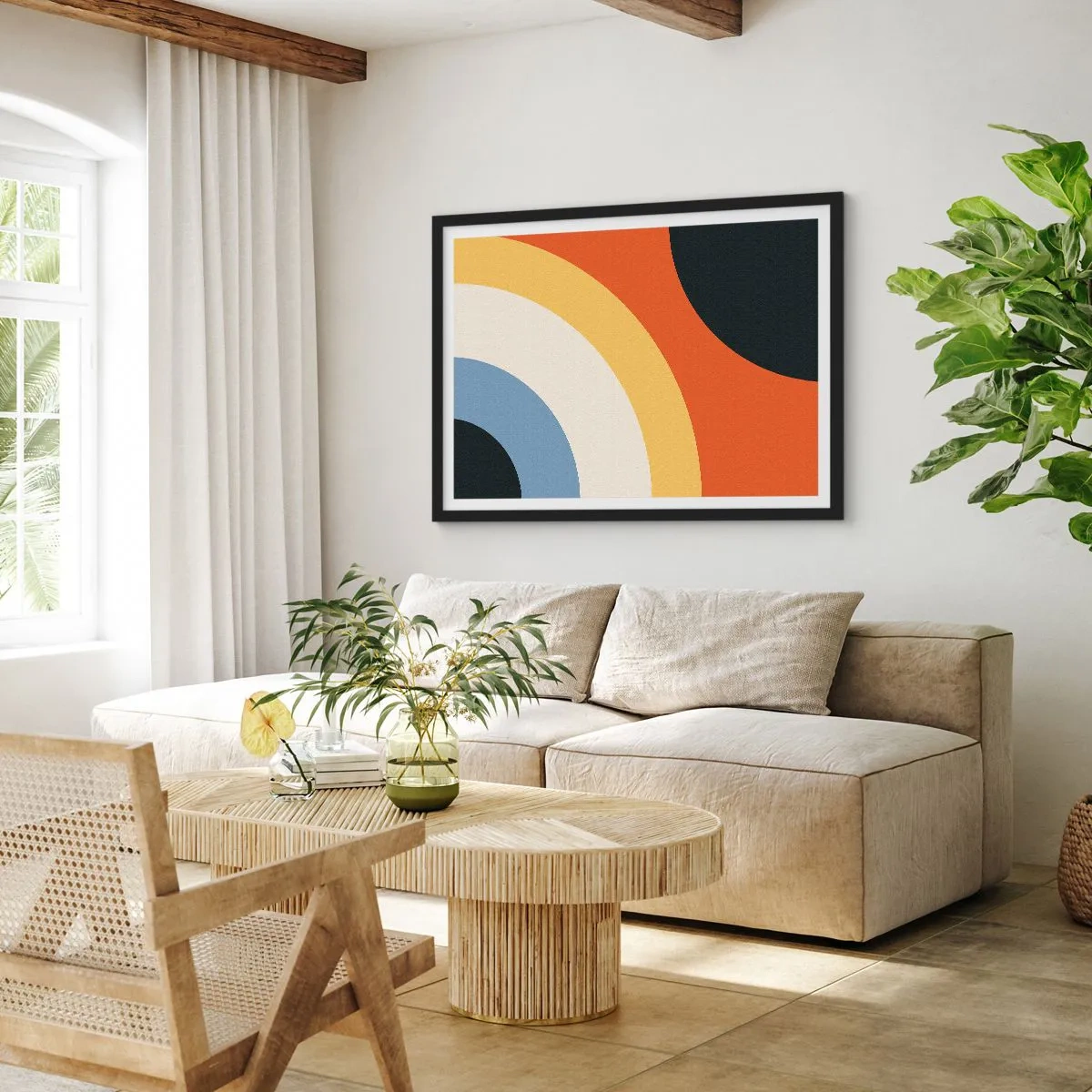 Póster en marco negro - Obra de arte abstracta con arcos coloridos y círculos contrastantes. - 100x70cm - Círculo sobre círculo - Decoración de pared moderna para salón y dormitorio ARTTOR