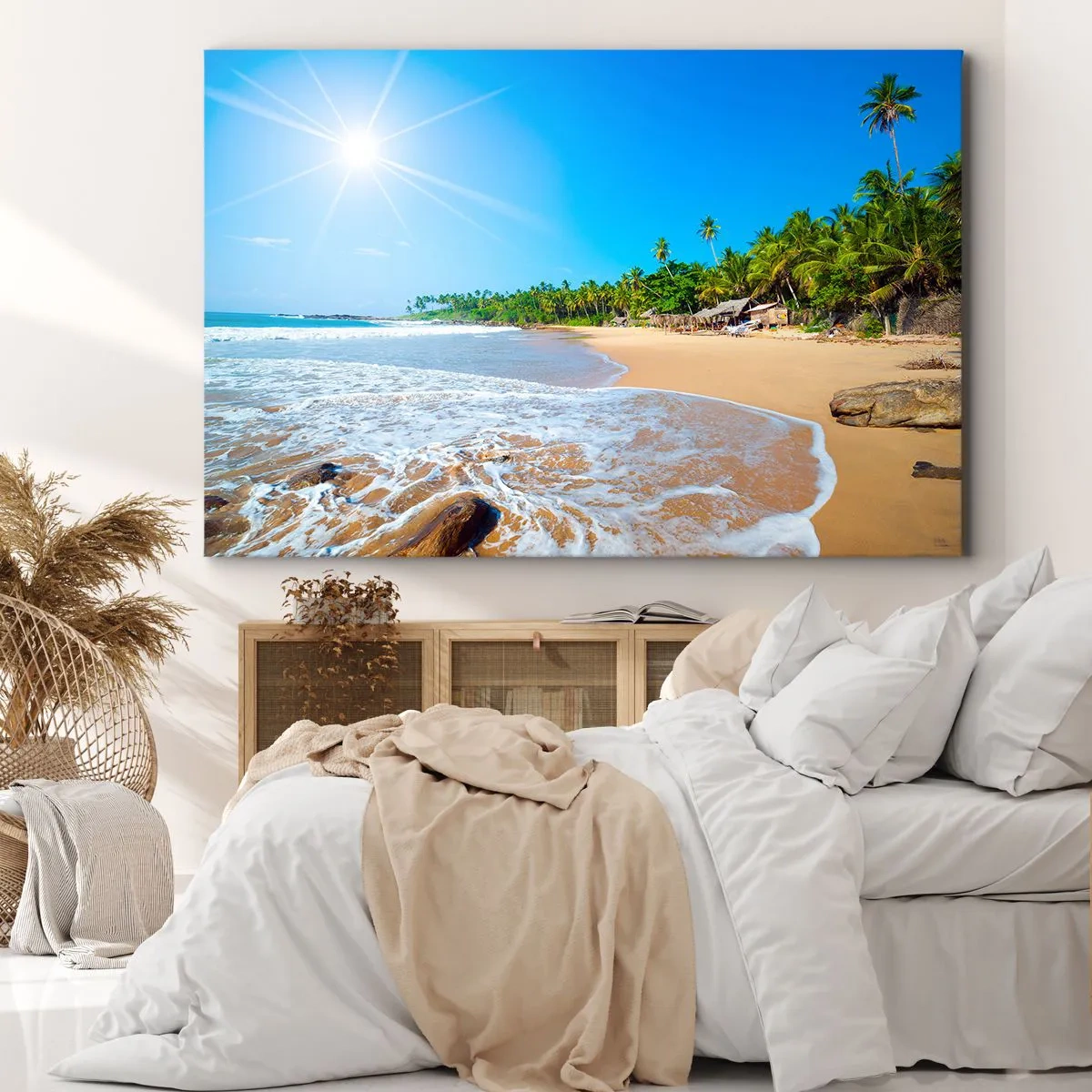 Cuadro sobre lienzo - Impresión de Imagen - Playa tropical con palmeras y cielo azul. - 120x80cm - Un lugar exótico para ti - Decoración de pared moderna para salón y dormitorio ARTTOR