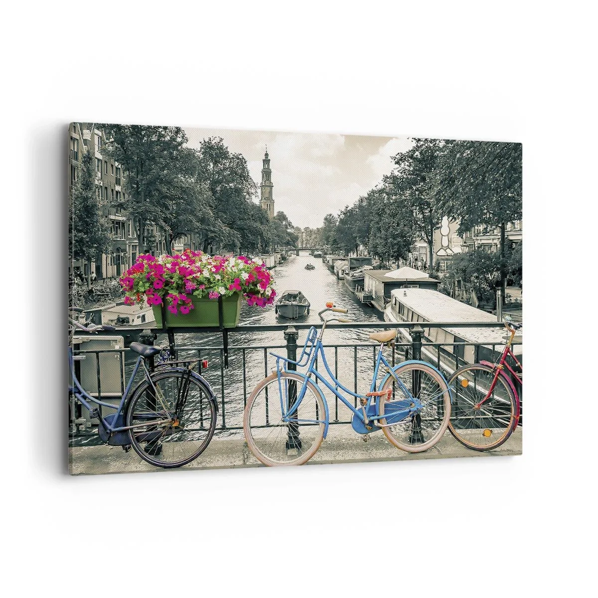 Cuadro sobre lienzo - Impresión de Imagen - Un puente con bicicletas y flores sobre un canal en Ámsterdam. - 120x80cm - Los colores de una calle de Ámsterdam - Decoración de pared moderna para salón y dormitorio ARTTOR