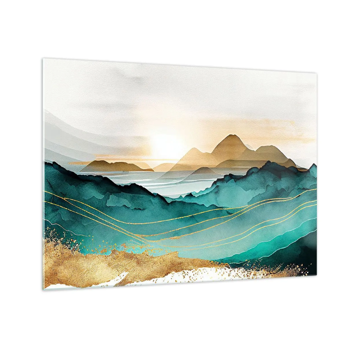 Cuadro sobre vidrio - Impresiones sobre Vidrio - Un paisaje de montaña dorado y turquesa en estilo acuarela. - 70x50cm - Al borde de la abstracción - paisaje - Decoración de pared moderna para salón y dormitorio ARTTOR