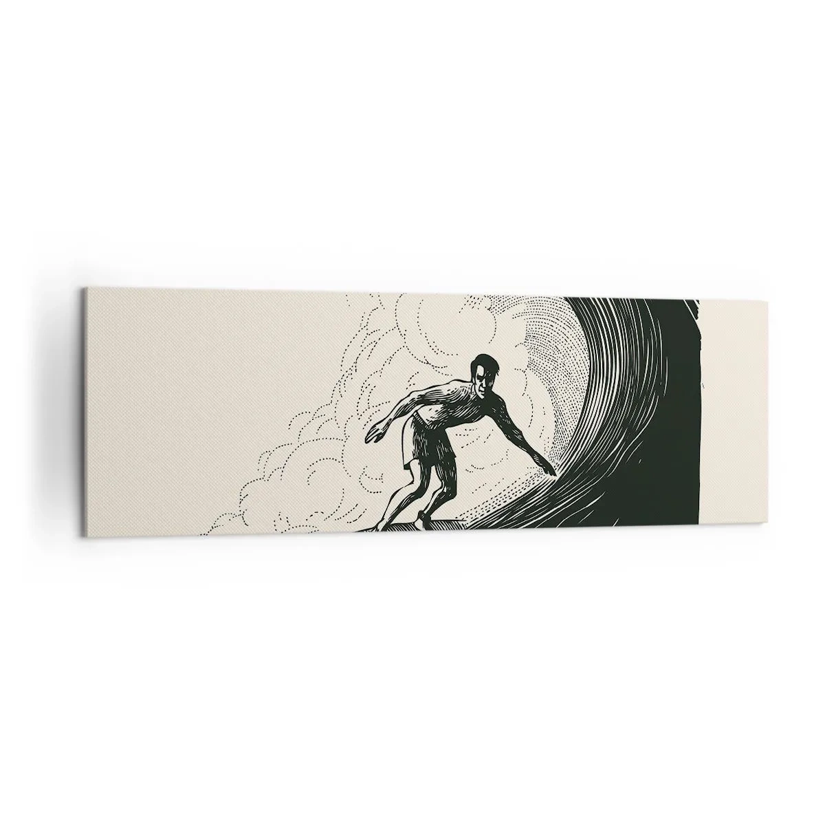 Cuadro sobre lienzo - Impresión de Imagen - Gráfico en blanco y negro de un surfista montando una ola. - 160x50cm - Rey de la ola - Decoración de pared moderna para salón y dormitorio ARTTOR