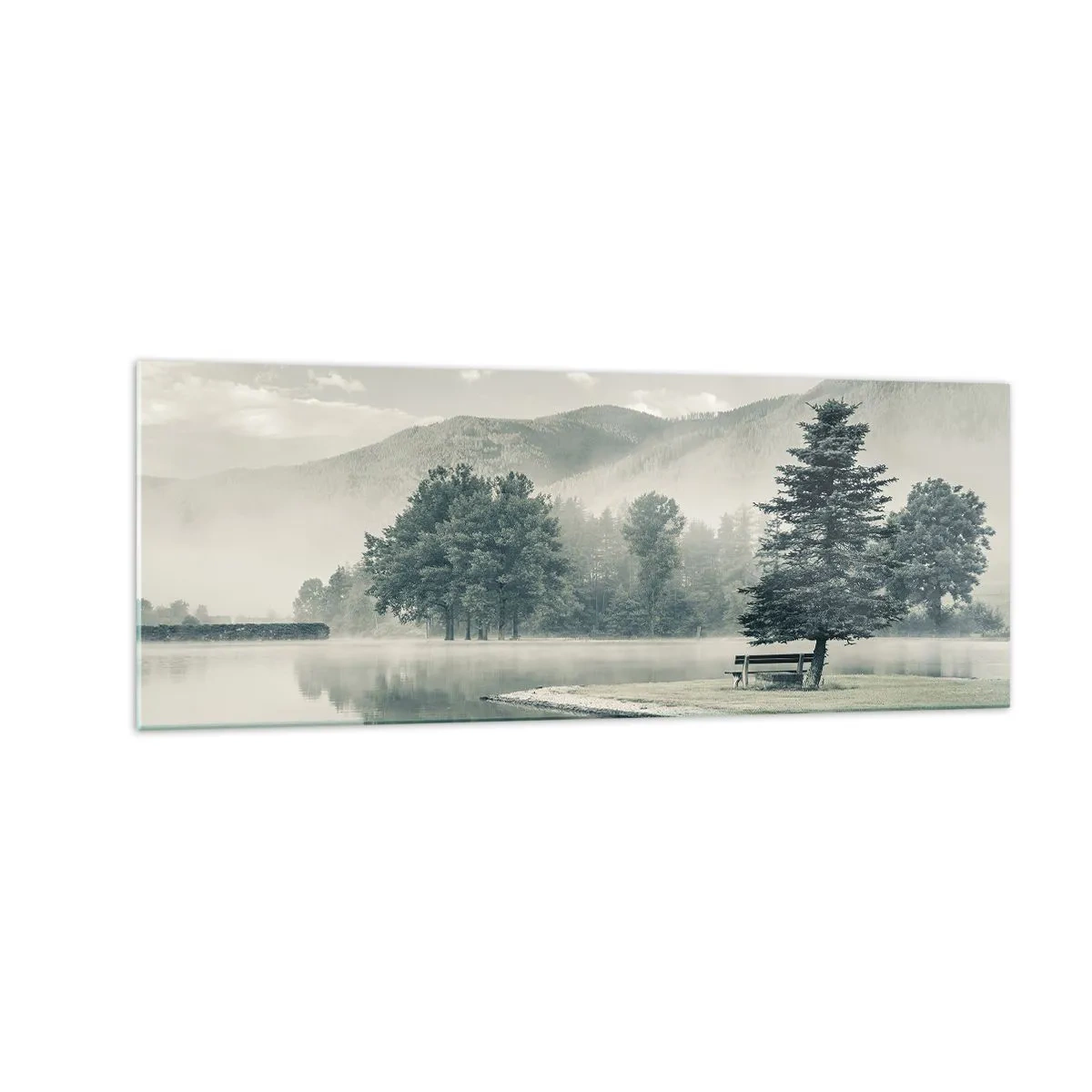 Cuadro sobre vidrio - Impresiones sobre Vidrio - Un pintoresco lago con un banco y niebla al fondo. - 140x50cm - El lago sigue durmiendo - Decoración de pared moderna para salón y dormitorio ARTTOR