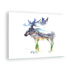 Cuadro sobre vidrio - Impresiones sobre Vidrio - Pintura de acuarela de un alce con un motivo de silueta de montaña. - 70x50cm - El héroe de un cuento de invierno - Decoración de pared moderna para salón y dormitorio ARTTOR