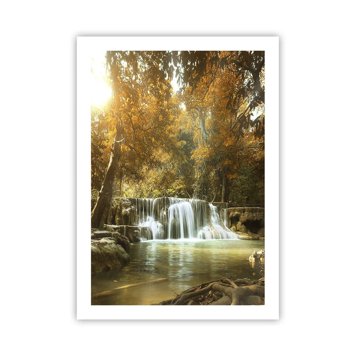 Póster - Cascada de otoño bajo la luz del sol - 50x70cm - Una cascada en el parque - Decoración de pared moderna para salón y dormitorio ARTTOR
