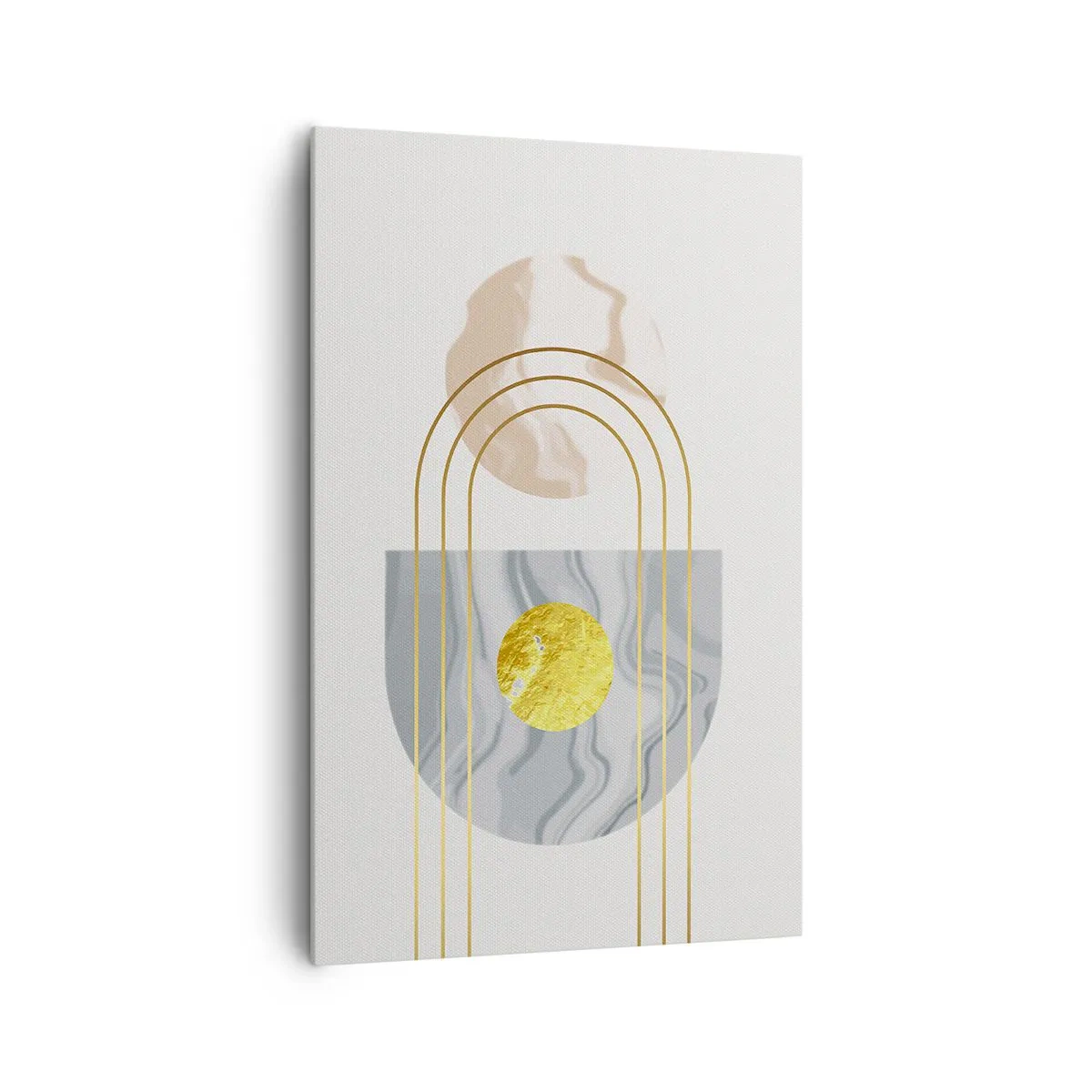 Cuadro sobre lienzo - Impresión de Imagen - Composición abstracta con círculos y líneas doradas sobre fondo claro. - 80x120cm - Brillo y resplandor - Decoración de pared moderna para salón y dormitorio ARTTOR
