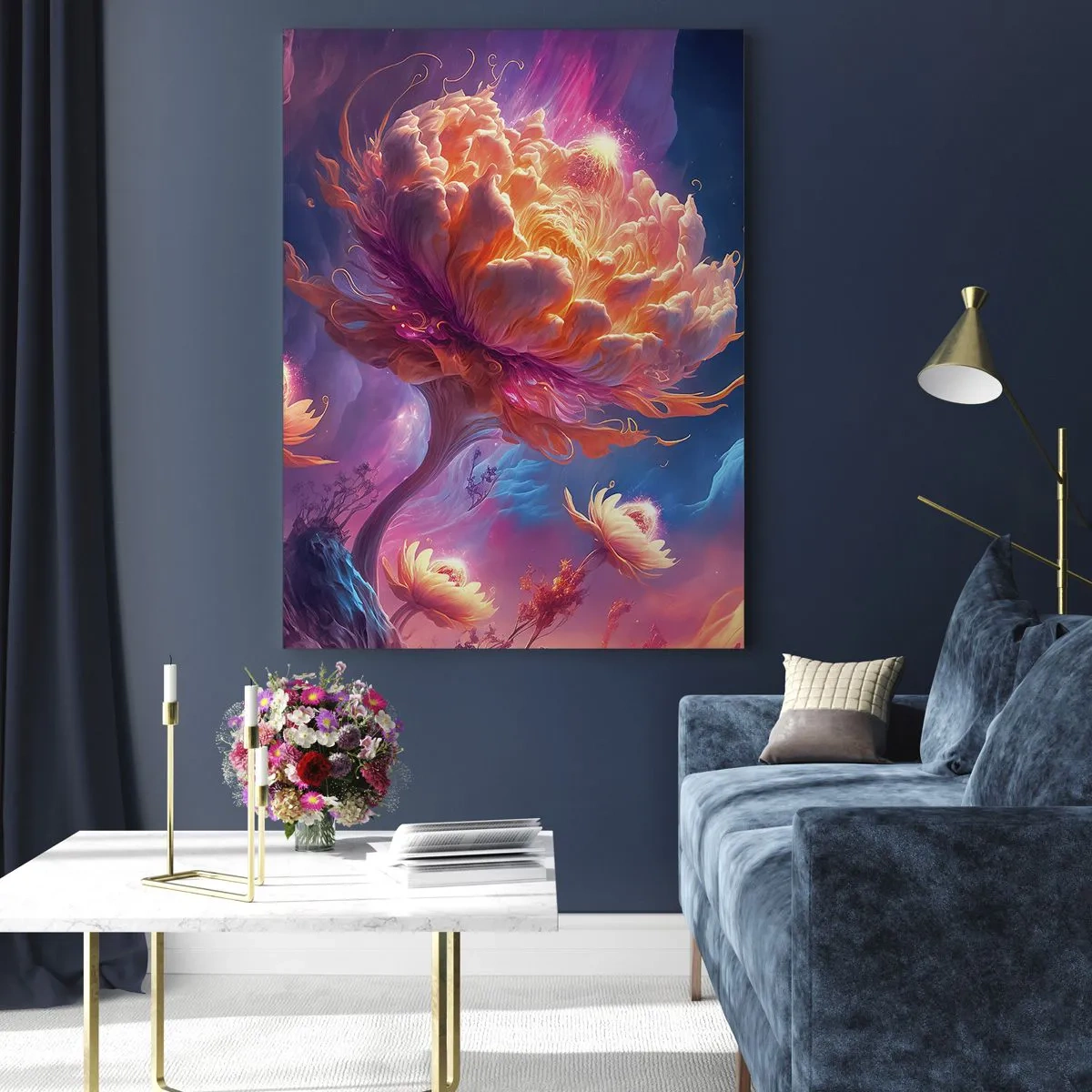 Cuadro sobre vidrio - Impresiones sobre Vidrio - Flores de fantasía en un paisaje cósmico. - 80x120cm - Otro mundo - Decoración de pared moderna para salón y dormitorio ARTTOR