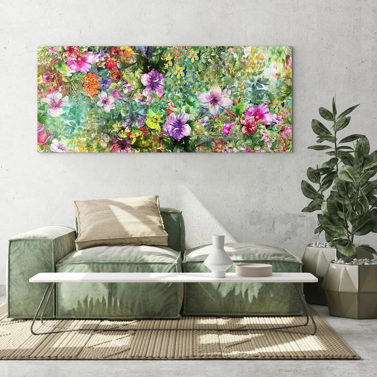 Cuadro sobre vidrio - Impresiones sobre Vidrio - Un arreglo floral colorido sobre un fondo verde. - 140x50cm - En flores a la perdición - Decoración de pared moderna para salón y dormitorio ARTTOR
