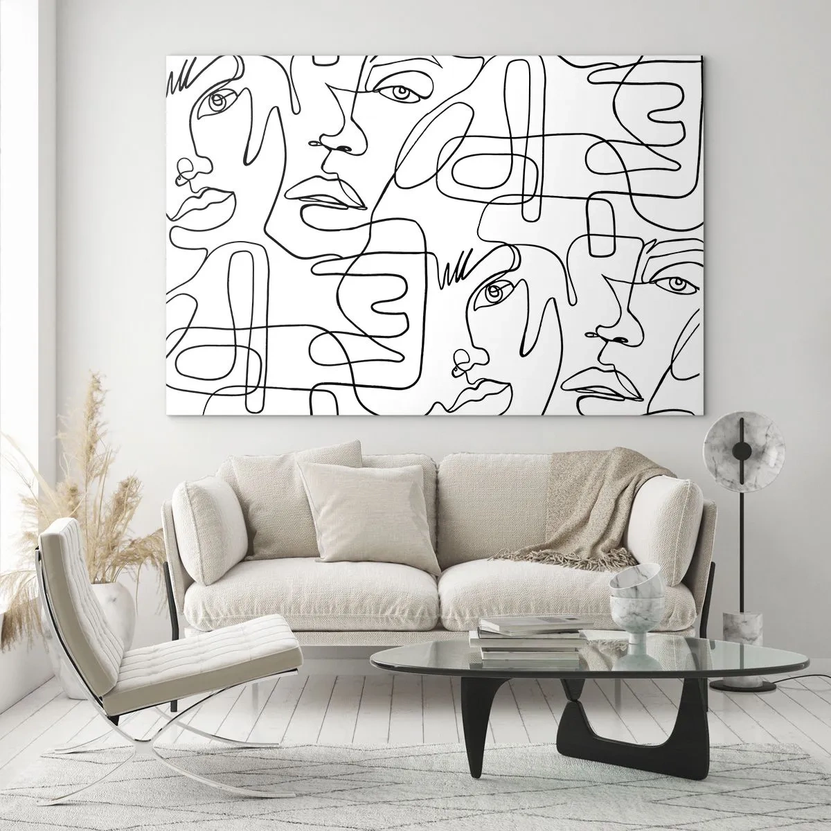 Cuadro sobre vidrio - Impresiones sobre Vidrio - Gráficos faciales de arte lineal en blanco y negro - 70x50cm - Entre emociones enredadas - Decoración de pared moderna para salón y dormitorio ARTTOR
