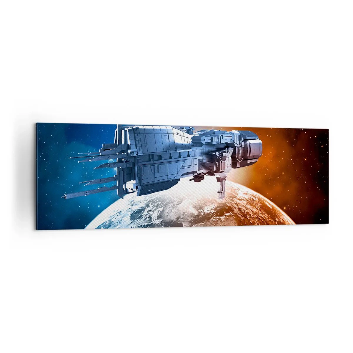 Cuadro sobre lienzo - Impresión de Imagen - Una nave espacial con un planeta en el espacio como telón de fondo. - 160x50cm - Un observador atento - Decoración de pared moderna para salón y dormitorio ARTTOR