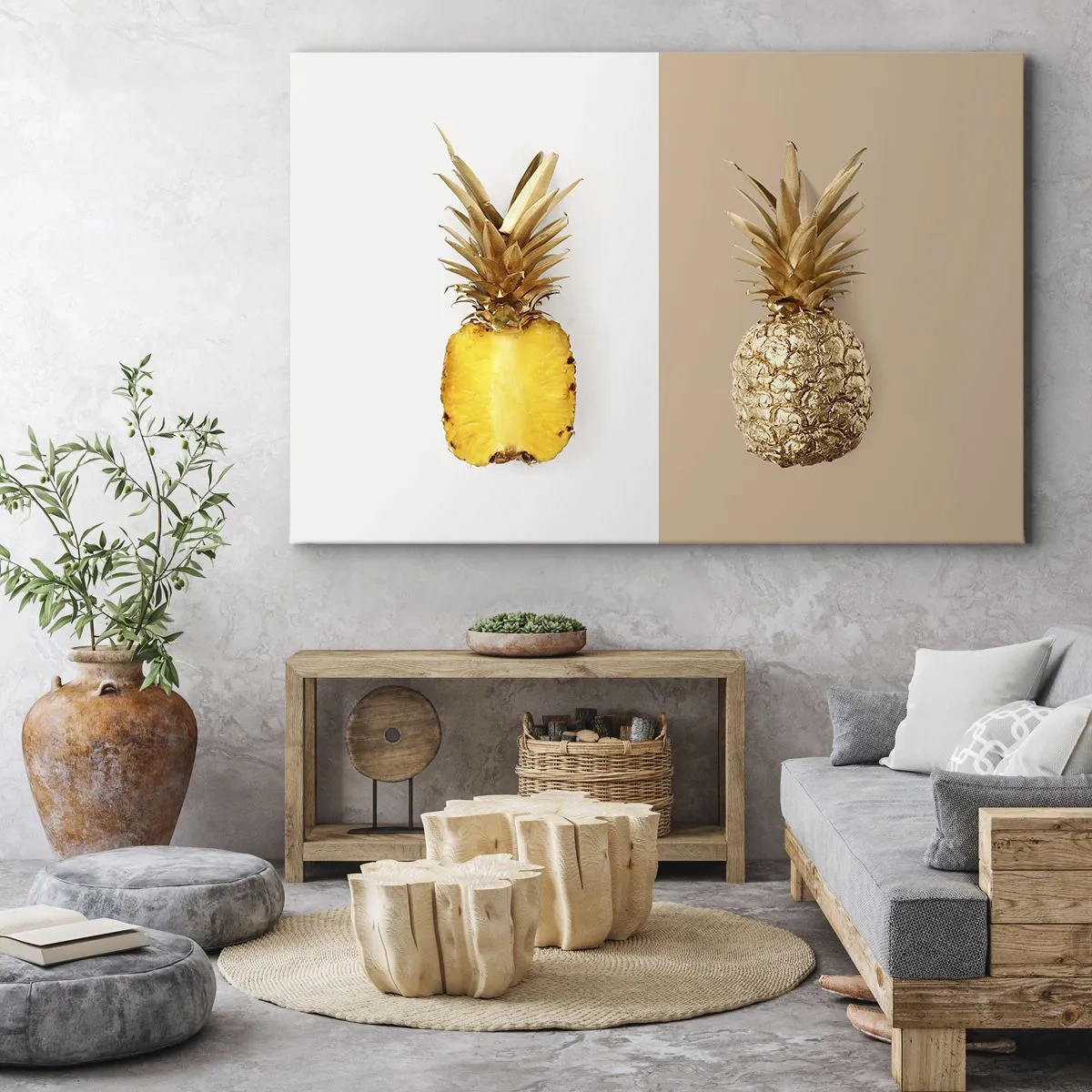 Cuadro sobre lienzo - Impresión de Imagen - Media piña fresca y dorada sobre un fondo contrastante. - 70x50cm - Piña y media - Decoración de pared moderna para salón y dormitorio ARTTOR