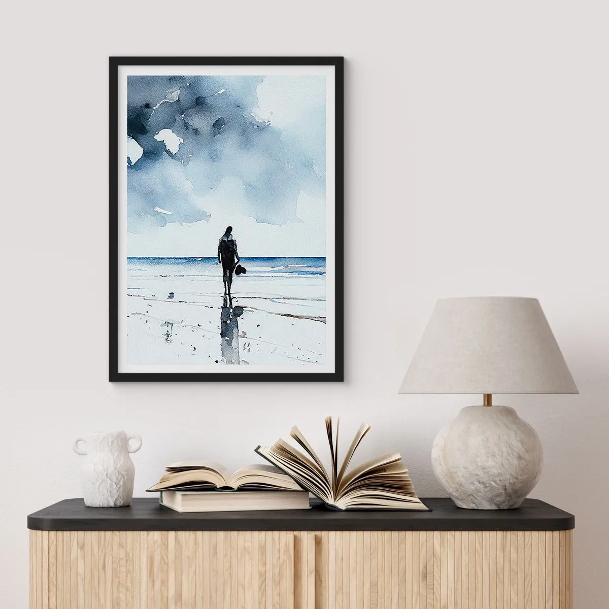 Póster en marco negro - Paisaje de acuarela con una figura en la playa. - 50x70cm - Conversación con el mar - Decoración de pared moderna para salón y dormitorio ARTTOR