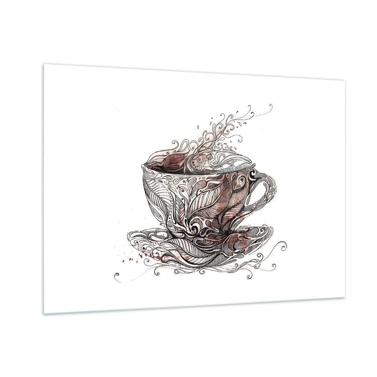 Cuadro sobre vidrio - Impresiones sobre Vidrio - Dibujo artístico de una taza con adornos y vapor. - 100x70cm - Té para todo - Decoración de pared moderna para salón y dormitorio ARTTOR