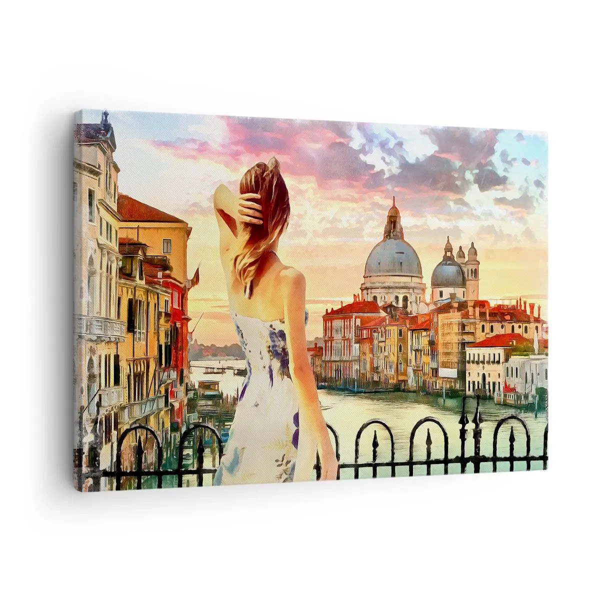 Cuadro sobre lienzo - Impresión de Imagen - Una mujer admirando el pintoresco paisaje junto al canal. - 70x50cm - Escapada de fin de semana - Decoración de pared moderna para salón y dormitorio ARTTOR