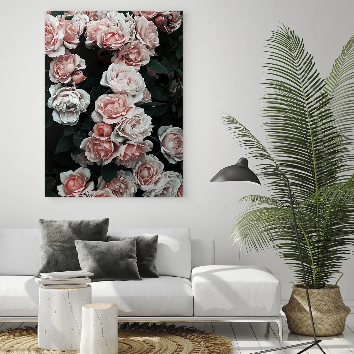 Cuadro sobre vidrio - Impresiones sobre Vidrio - Rosas rosadas sobre un fondo oscuro en una composición sutil. - 70x100cm - Conjunto de rosas - Decoración de pared moderna para salón y dormitorio ARTTOR