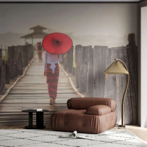 Fotomural personalizado Premium Sand - En un viejo puente - Paraguas, Birmania, Puente de madera