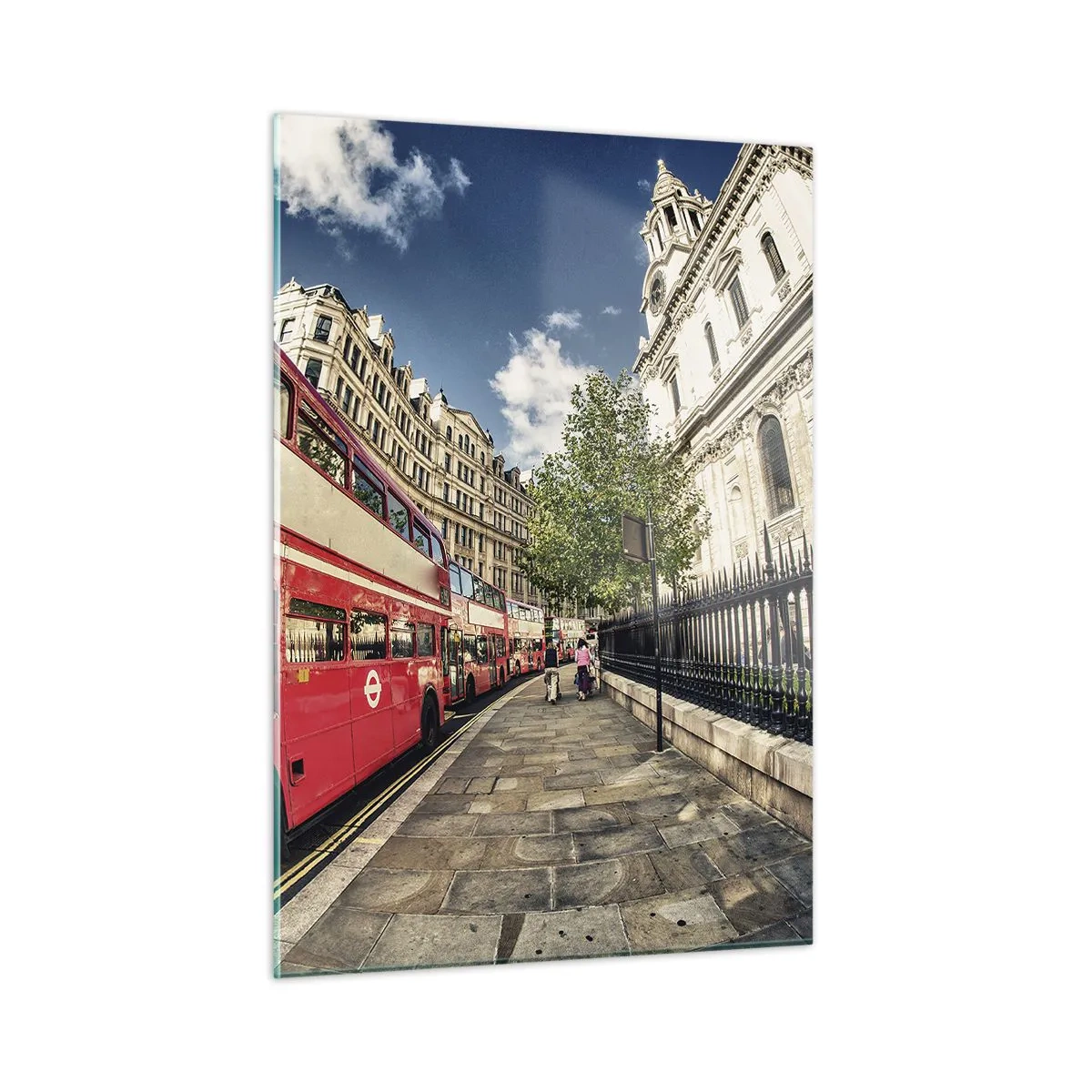 Cuadro sobre vidrio - Impresiones sobre Vidrio - Un autobús rojo de dos pisos en un entorno urbano. - 50x70cm - Una calle de Londres en gris y rojo - Decoración de pared moderna para salón y dormitorio ARTTOR