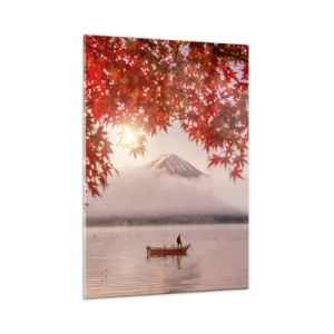 Cuadro sobre vidrio - Impresiones sobre Vidrio - Monte Fuji con un barco en un lago rodeado de hojas rojas - 50x70cm - Estilo japonés - Decoración de pared moderna para salón y dormitorio ARTTOR
