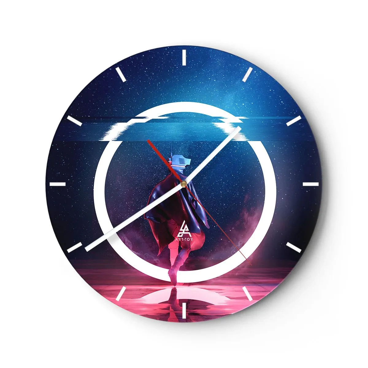 Reloj de pared - Reloj de vidrio - Una figura con una capa sobre el fondo de un círculo luminoso en un entorno cósmico. - 30x30cm - Entre mundos - Decoración de pared moderna para salón, cocina y dormitorio ARTTOR