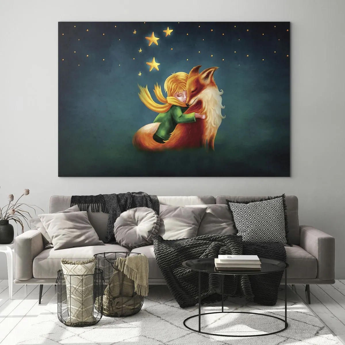 Cuadro sobre vidrio - Impresiones sobre Vidrio - El Principito abrazando a un zorro bajo un cielo estrellado - 120x80cm - El Principito - Decoración de pared moderna para salón y dormitorio ARTTOR