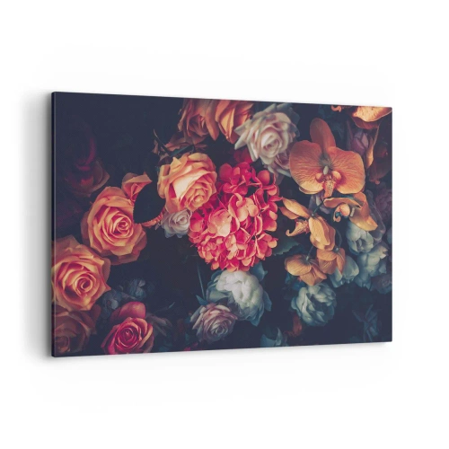 Cuadro sobre lienzo - Impresión de Imagen - Un ramo de varias flores en tonos oscuros. - 100x70cm - Como los maestros holandeses - Decoración de pared moderna para salón y dormitorio ARTTOR
