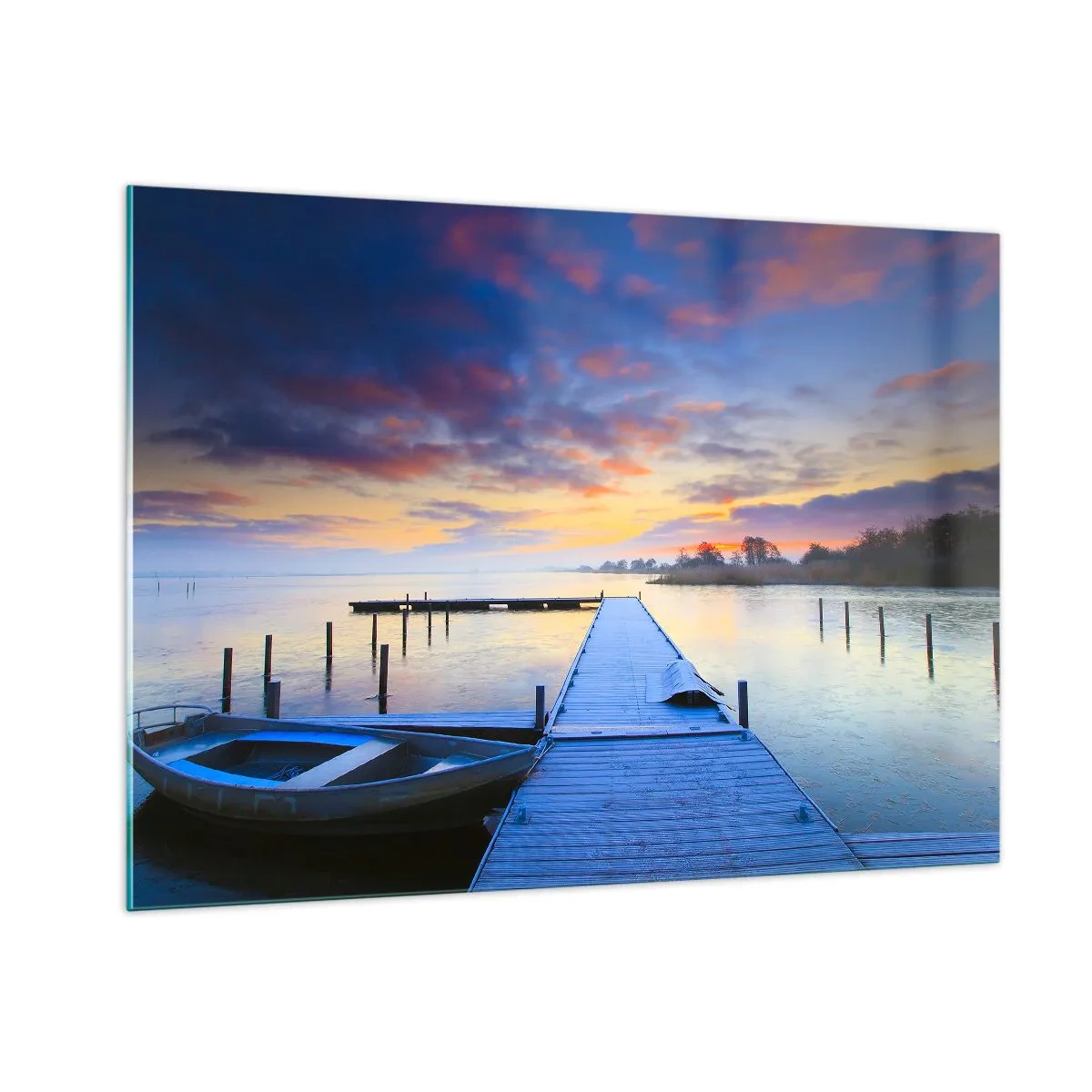 Cuadro sobre vidrio - Impresiones sobre Vidrio - Un muelle en el lago al amanecer rodeado de naturaleza tranquila. - 100x70cm - Calma púrpura y dorada - Decoración de pared moderna para salón y dormitorio ARTTOR