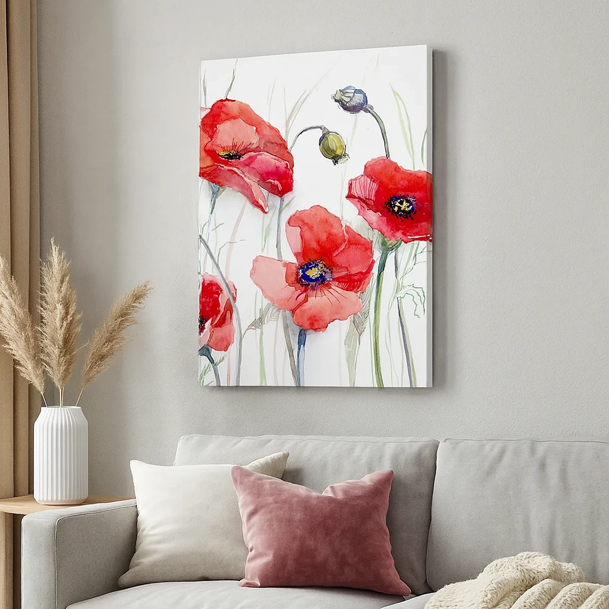 Cuadro sobre lienzo - Impresión de Imagen - Amapolas de acuarela sobre un fondo delicado - 50x70cm - Flores polacas - Decoración de pared moderna para salón y dormitorio ARTTOR