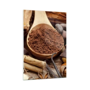 Cuadro sobre vidrio - Impresiones sobre Vidrio - Una cucharada de ingredientes de cacao y chocolate en un arreglo rústico. - 70x100cm - Lo mejor para las penas - Decoración de pared moderna para salón y dormitorio ARTTOR
