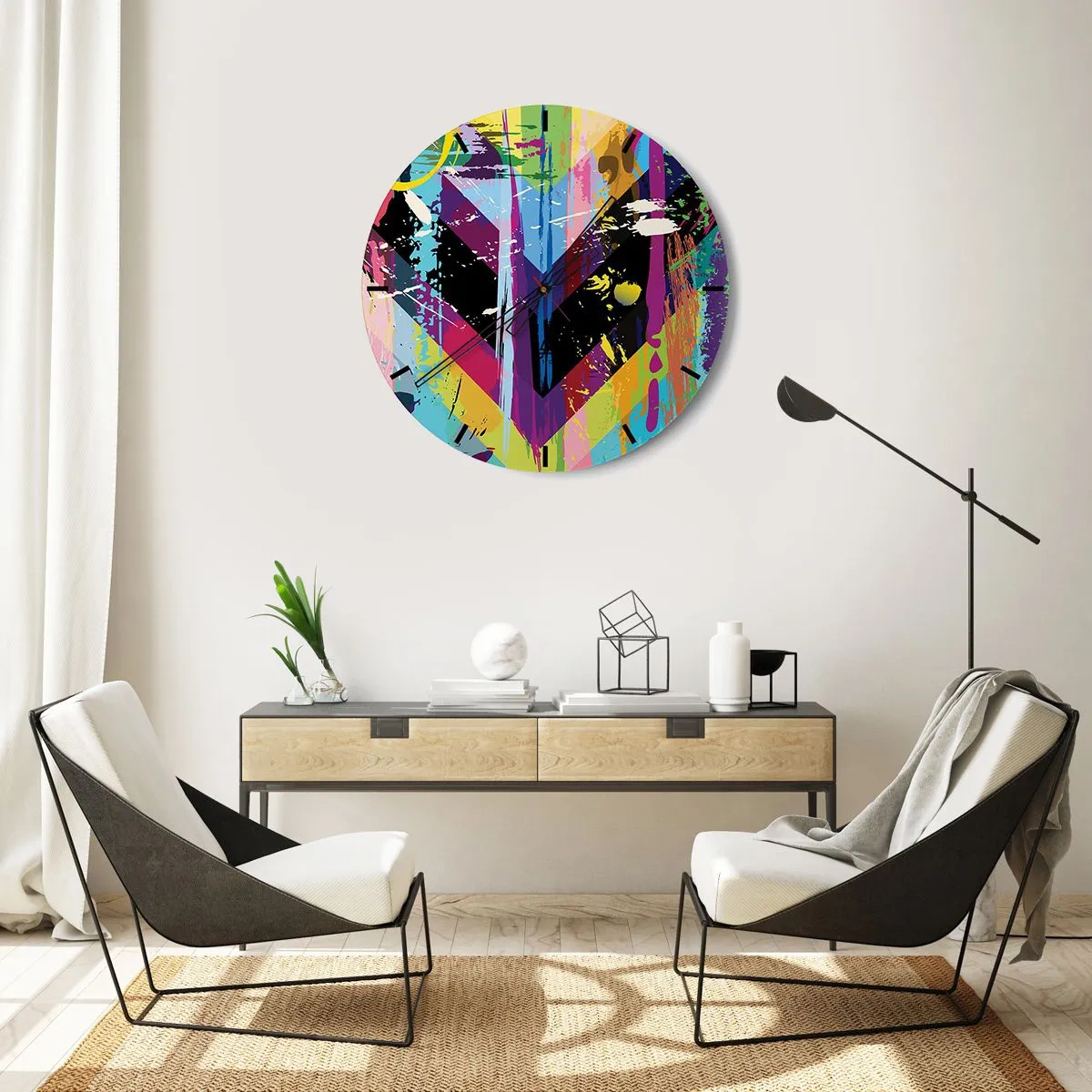 Reloj de pared - Reloj de vidrio - Esfera de reloj con motivo geométrico de corazón en estilo multicolor. - 30x30cm - De arriba a abajo - Decoración de pared moderna para salón, cocina y dormitorio ARTTOR