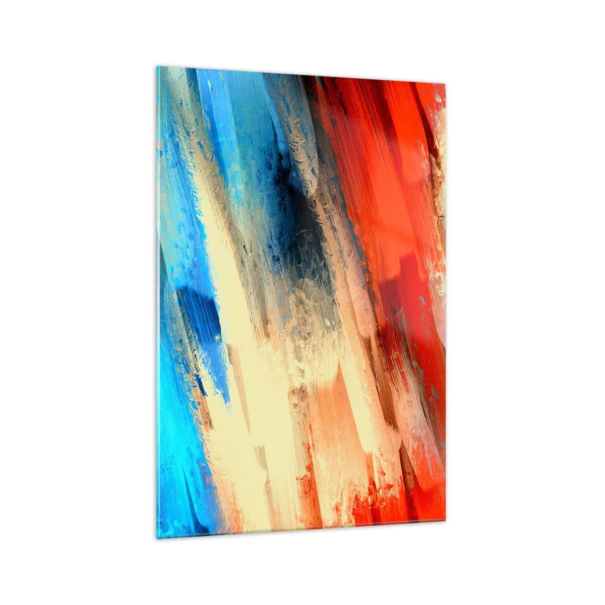 Cuadro sobre vidrio - Impresiones sobre Vidrio - Pincelada abstracta en tonos azules y naranjas - 70x100cm - Una cascada de colores - Decoración de pared moderna para salón y dormitorio ARTTOR