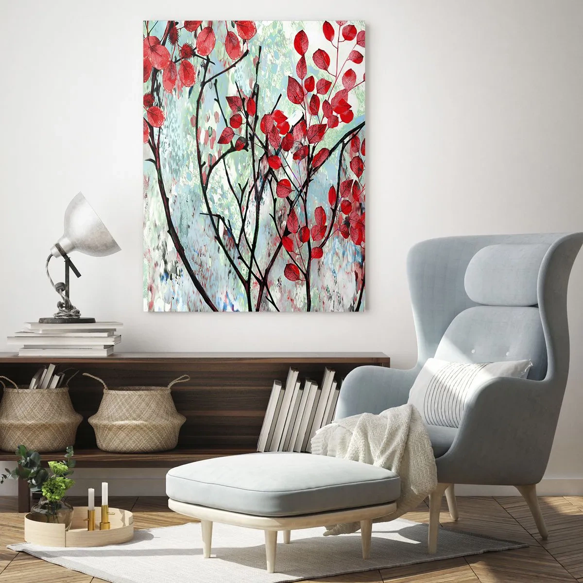 Cuadro sobre vidrio - Impresiones sobre Vidrio - Ramas con hojas rojas sobre un fondo pintado. - 50x70cm - Un árbol en escarlata - Decoración de pared moderna para salón y dormitorio ARTTOR