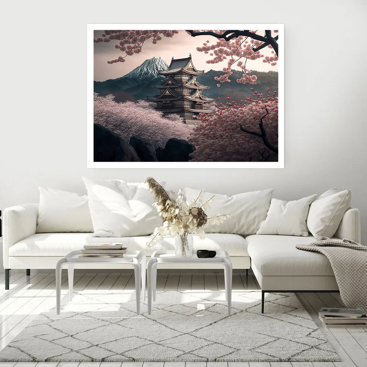 Póster - Un templo japonés rodeado de flores de cerezo y montañas. - 100x70cm - Tierra de cerezos en flor - Decoración de pared moderna para salón y dormitorio ARTTOR