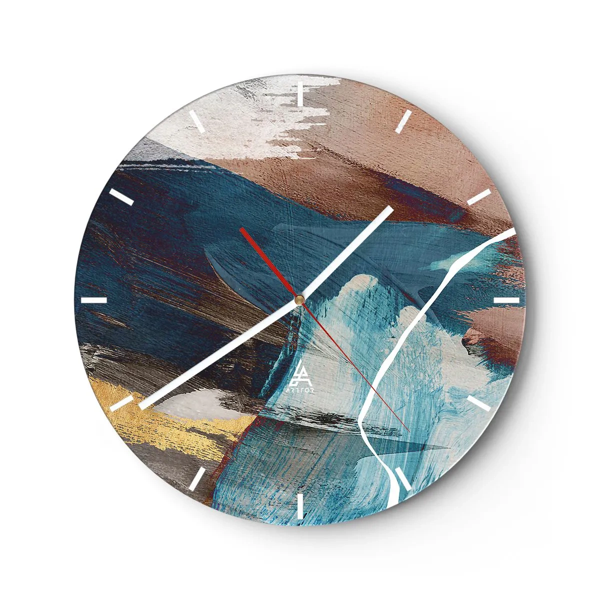Reloj de pared - Reloj de vidrio - Pinceladas dinámicas en tonos azules y marrones. - 30x30cm - Con estilo y energía - Decoración de pared moderna para salón, cocina y dormitorio ARTTOR