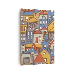 Cuadro sobre lienzo - Impresión de Imagen - Casas coloridas en estilo gráfico sobre un fondo claro. - 80x120cm - Casa tras casa - Decoración de pared moderna para salón y dormitorio ARTTOR