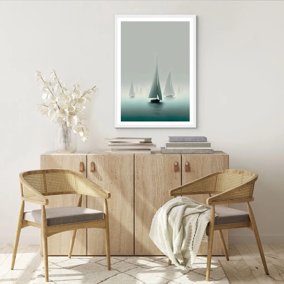 Póster en marco blanco - Día de niebla en alta mar - 70x100 cm