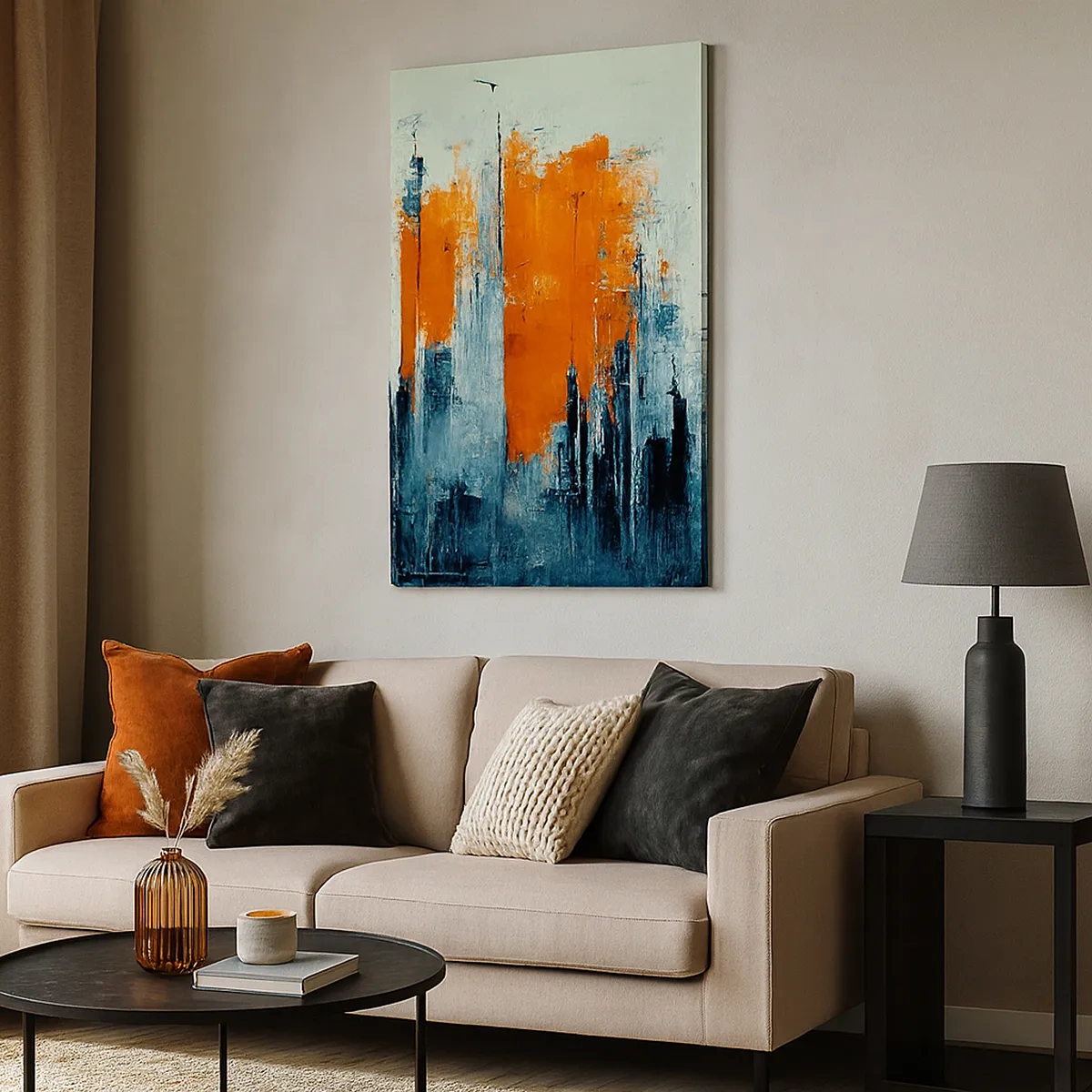 Cuadro sobre lienzo - Impresión de Imagen - Paisaje urbano abstracto en tonos naranja y azul. - 50x70cm - Paisaje moderno - Decoración de pared moderna para salón y dormitorio ARTTOR