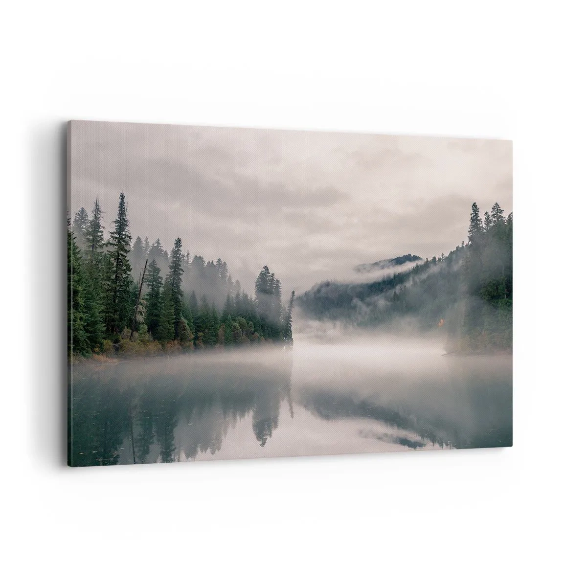 Cuadro sobre lienzo - Impresión de Imagen - Un bosque brumoso reflejado en un lago tranquilo. - 120x80cm - En el ensueño, en la niebla - Decoración de pared moderna para salón y dormitorio ARTTOR