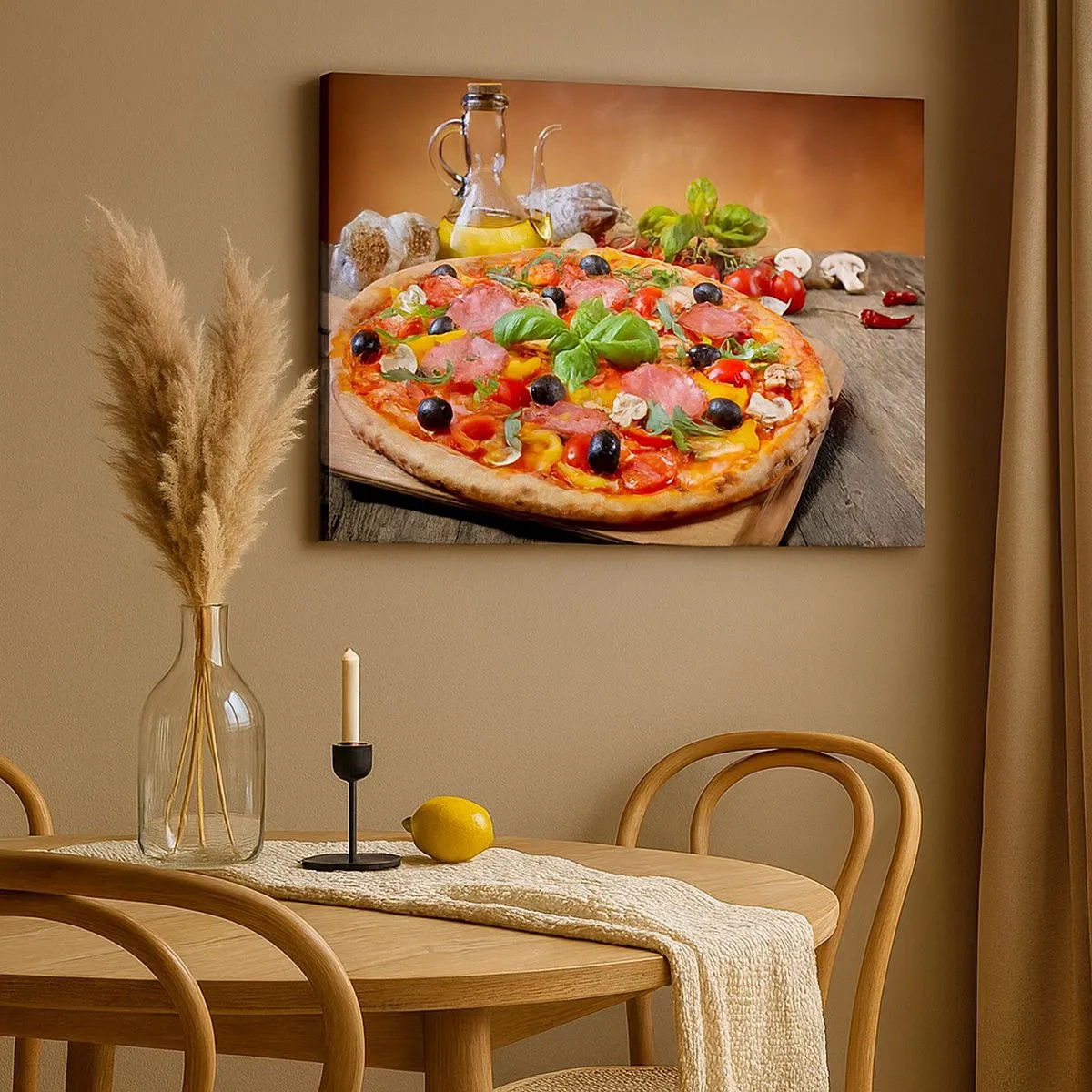 Cuadro sobre lienzo - Impresión de Imagen - Deliciosa pizza en una mesa de madera con ingredientes. - 70x50cm - Con un verdadero sabor italiano - Decoración de pared moderna para salón y dormitorio ARTTOR