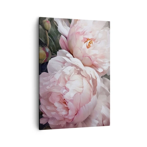 Cuadro sobre lienzo - Impresión de Imagen - Delicadas peonías rosas en plena floración. - 50x70cm - En flor - Decoración de pared moderna para salón y dormitorio ARTTOR