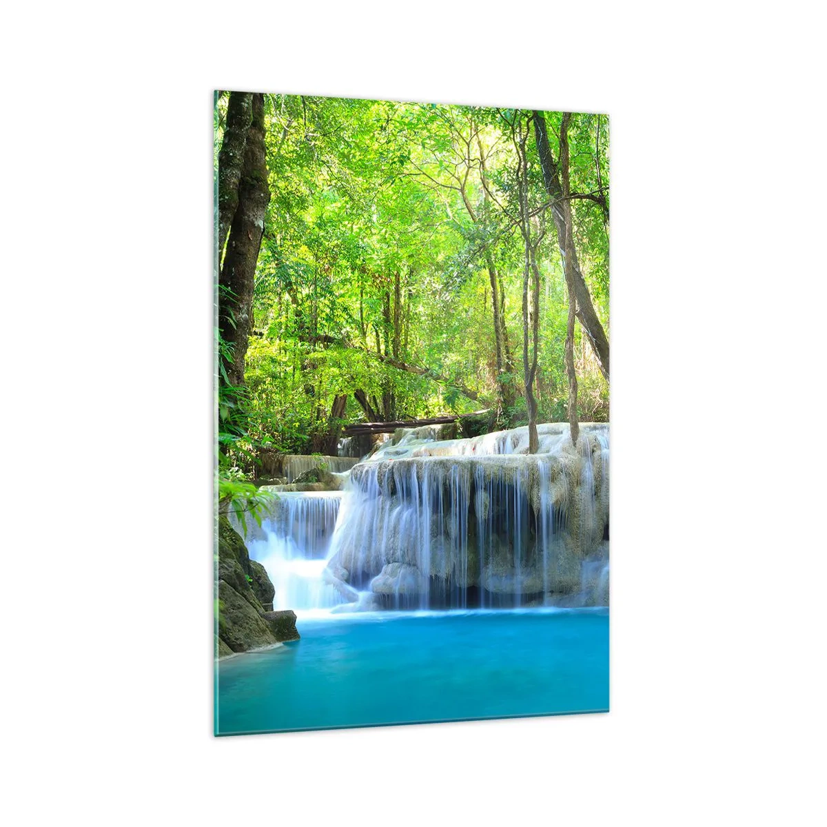 Cuadro sobre vidrio - Impresiones sobre Vidrio - Una cascada entre árboles verdes con agua azul en un entorno natural. - 70x100cm - Ahogarse en turquesa y verde - Decoración de pared moderna para salón y dormitorio ARTTOR