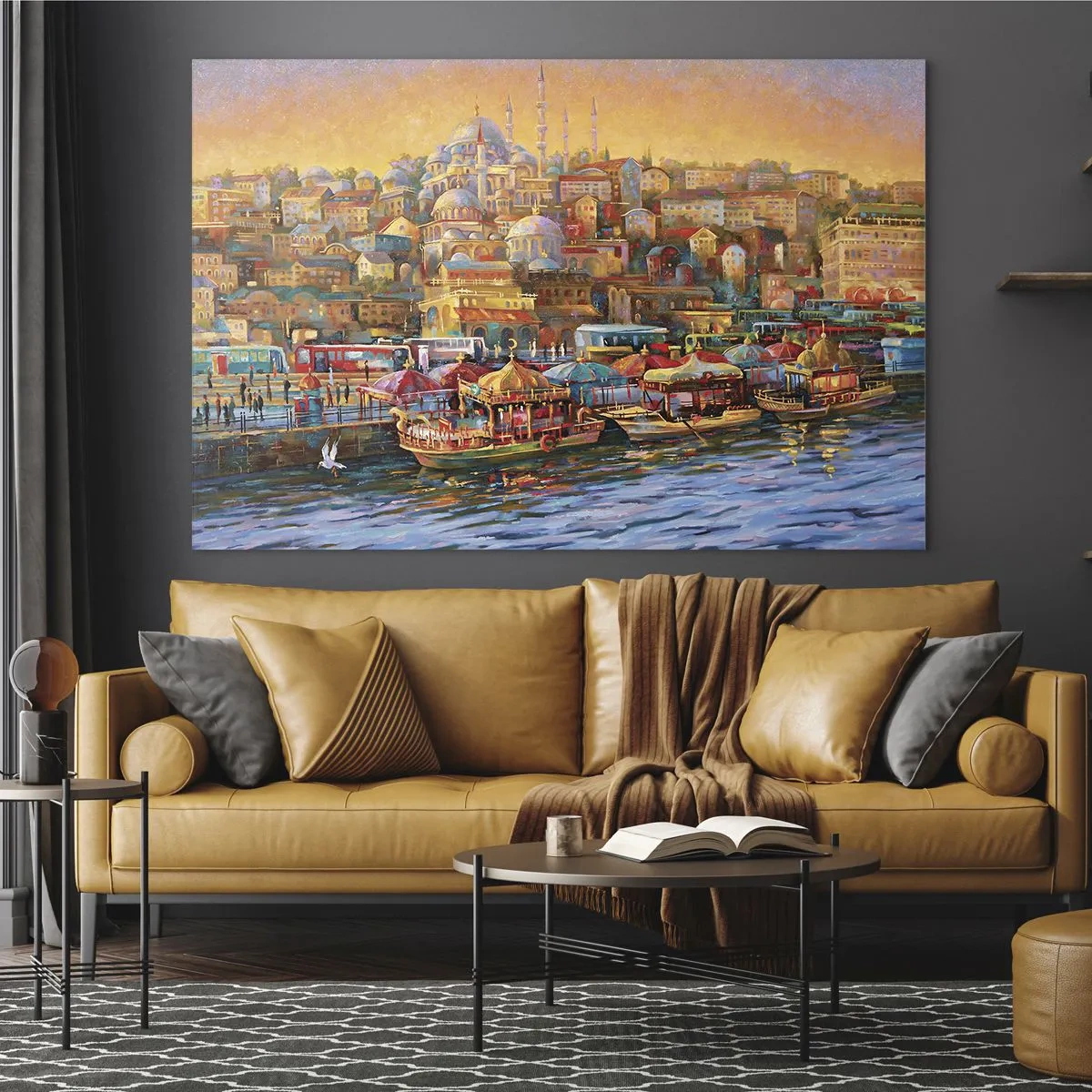 Cuadro sobre vidrio - Impresiones sobre Vidrio - Un puerto colorido con barcos y un panorama de la ciudad al atardecer. - 70x50cm - Una historia en Estambul - Decoración de pared moderna para salón y dormitorio ARTTOR