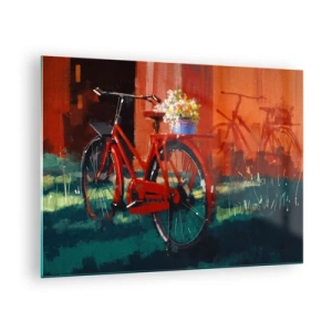 Cuadro sobre vidrio - Impresiones sobre Vidrio - Una bicicleta roja con flores delante de un edificio rojo. - 70x50cm - Quiero ir en bicicleta - Decoración de pared moderna para salón y dormitorio ARTTOR