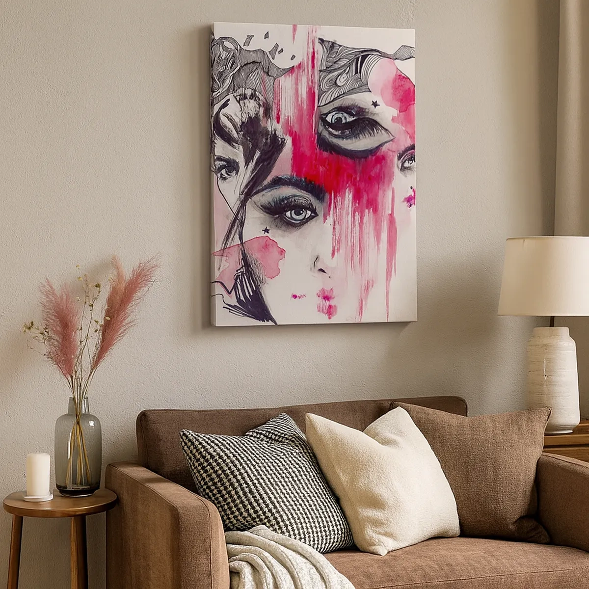 Cuadro sobre lienzo - Impresión de Imagen - Rostro abstracto en tonos rosa y negro. - 50x70cm - Ojos abstractos - Decoración de pared moderna para salón y dormitorio ARTTOR