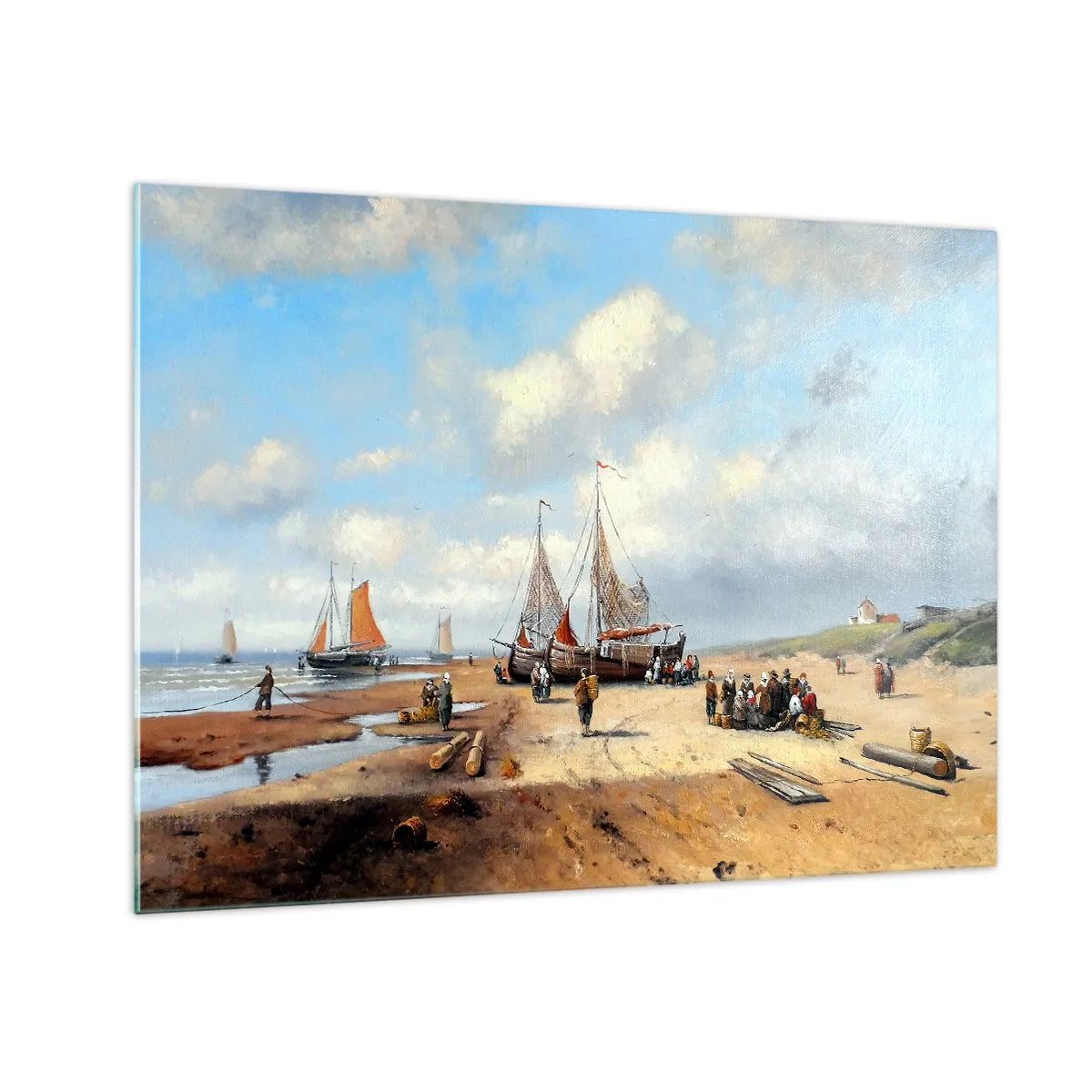 Cuadro sobre vidrio - Impresiones sobre Vidrio - Escena de playa con barcos de pesca y gente pescando. - 70x50cm - Después de una pesca exitosa - Decoración de pared moderna para salón y dormitorio ARTTOR
